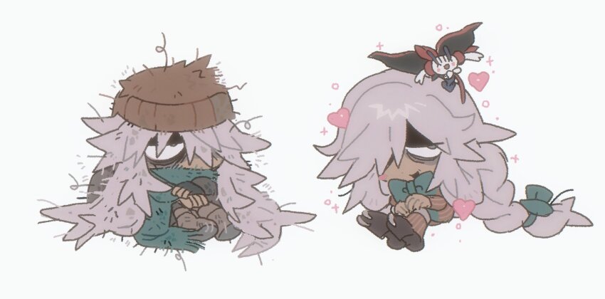 1boy az_(pokemon) beanie bow bowtie braid brown_hat brown_pants chibi commentary_request floette floette_(eternal) gen_6_pokemon green_bow green_bowtie green_scarf grey_eyes grey_hair hat heart highres long_hair long_sleeves low-tied_long_hair male_focus messy_hair multiple_views nintendo open_mouth pants pokemon pokemon_legends:_z-a pokemon_xy scarf shirt shoes sitting smile sparkle thxzmgn
