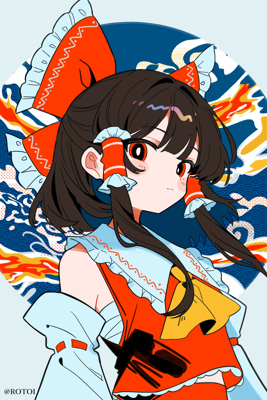 1girl abstract_background absurdres artist_name ascot bare_shoulders blue_hair blush bow brown_hair closed_mouth collared_shirt colored_inner_hair commentary_request detached_sleeves floating_hair frills hair_between_eyes hair_bow hakurei_reimu highres large_bow long_sleeves looking_at_viewer multicolored_hair nontraditional_miko red_bow red_eyes red_shirt red_skirt rotoi_1234 sarashi shirt short_hair sidelocks skirt skirt_set sleeveless sleeveless_shirt smile solo touhou upper_body white_sleeves wide_sleeves yellow_ascot