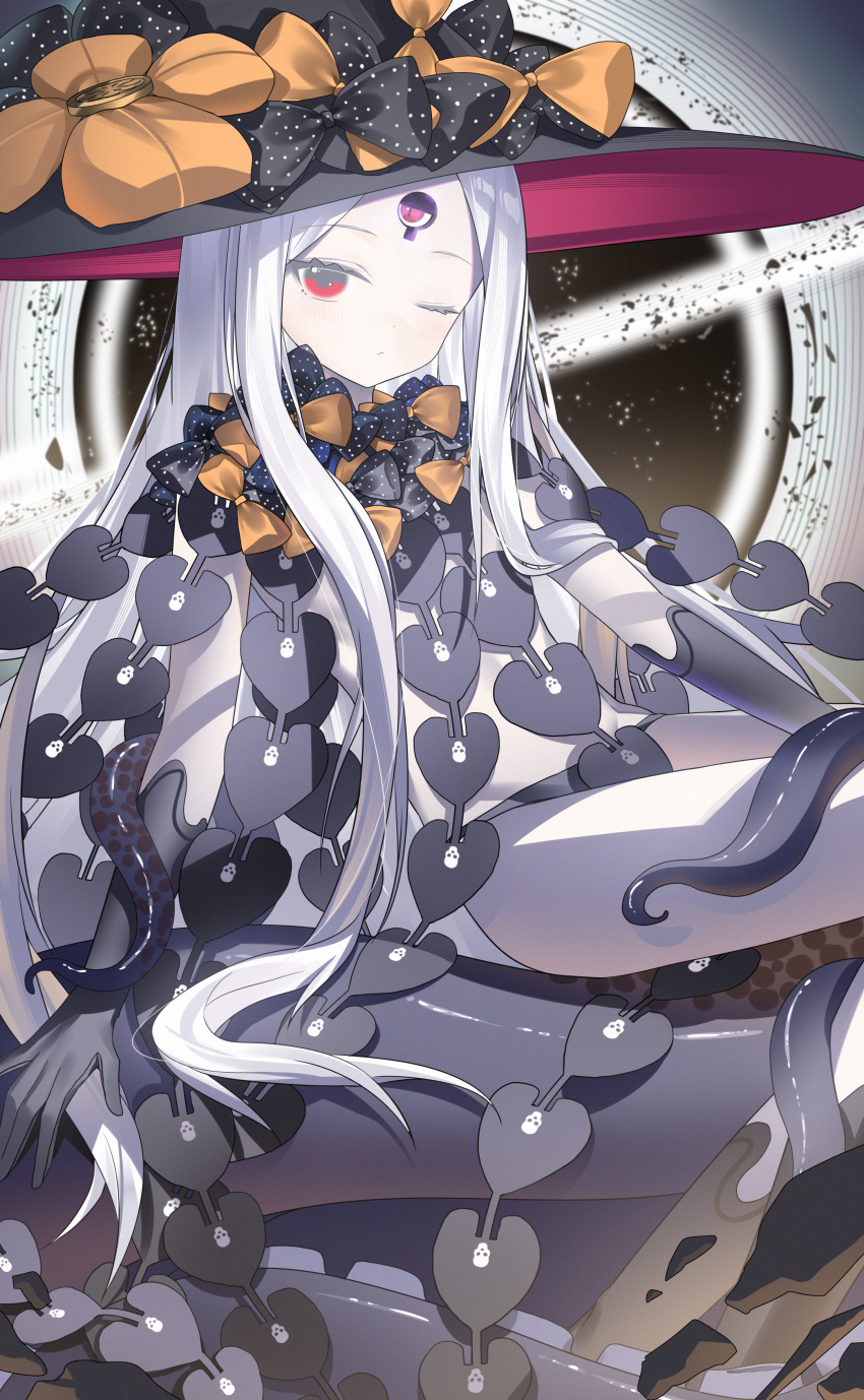 1girl abigail_williams_(fate) abigail_williams_(third_ascension)_(fate) absurdres bare_shoulders black_bow black_hands black_hat black_panties bow breasts colored_extremities colored_skin fate/grand_order fate_(series) forehead hair_bow hat highres keyhole long_hair looking_at_viewer miyu10366 one_eye_closed orange_bow panties parted_bangs red_eyes sitting small_breasts solo tentacles thighs third_eye underwear white_hair white_skin witch_hat