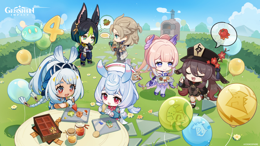 2boys 4girls :d :o albedo_(genshin_impact) anemo_slime_(genshin_impact) animal_ear_fluff animal_ears aqua_eyes aqua_shirt baking balloon bare_shoulders black_footwear black_gloves black_hair black_hat black_pants black_ribbon black_shorts blue_hair blue_hairband blue_pants blue_shirt blue_sky blunt_bangs blunt_ends blush boots bow bow-shaped_hair bowtie box bracelet braid brick_oven brooch brown_coat brown_eyes brown_hair bush cape capri_pants chibi closed_eyes closed_mouth cloud coat company_name cookie copyright_name crop_top dark-skinned_female dark_skin day detached_collar double-parted_bangs drawstring earrings eyebrows_hidden_by_hair eyelashes flower food footwear_bow fox_boy fox_ears fox_tail frilled_sleeves frills genshin_impact gloves gradient_clothes gradient_hair grass green_cape green_eyes green_hair hair_between_eyes hair_flaps hairband half_updo hand_on_own_chin hand_on_own_hip hand_up harra_fruit_(genshin_impact) hat hat_flower hat_ribbon hat_tassel high_ponytail highres holding holding_box holding_tray hood hood_down hooded_coat hoodie hu_tao_(genshin_impact) index_finger_raised japanese_clothes jar jewelry jueyun_chili_pepper_(genshin_impact) light_brown_hair long_hair long_sleeves looking_at_another low_twintails medium_hair mountainous_horizon mualani_(genshin_impact) multicolored_clothes multicolored_eyes multicolored_hair multiple_boys multiple_girls number_balloon nurse_cap official_art open_clothes open_coat open_mouth outdoors oven pants parted_bangs parted_lips pastry_bag pink_bow pink_hair plum_blossoms pom_pom_(clothes) ponytail ponytail_with_braided_base porkpie_hat puffy_long_sleeves puffy_sleeves purple_bow purple_eyes purple_hair purple_sash purple_thighhighs red_bow red_bowtie red_eyes red_flower red_hair ribbon round_table sandals sangonomiya_kokomi sash shadow shirt shoes short_eyebrows short_hair short_shorts short_sleeves shorts sidelocks sigewinne_(genshin_impact) single_earring sky sleeveless sleeveless_shirt slime_(genshin_impact) smile socks speech_bubble spoken_food standing standing_on_one_leg stepping_stones streaked_hair symbol-shaped_pupils table tail tailcoat tassel thick_eyebrows thigh_boots thighhighs thought_bubble tighnari_(genshin_impact) tray tree twin_braids twintails u_u very_long_hair vision_(genshin_impact) white_coat white_gloves white_hair white_hat white_socks white_thighhighs wide_sleeves yellow_flower