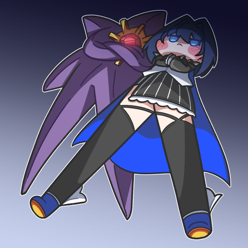 1girl 1other alternate_form black_thighhighs blue_cape blue_eyes blue_hair blue_shoes blush_stickers cape chest_jewel colored_skin commentary detached_sleeves english_commentary frilled_skirt frills from_below frown gem gen_1_pokemon glowing glowing_eyes gradient_background grey_background hair_intakes half-skirt highres hololive hololive_english jitome juliet_sleeves kkeulna long_legs long_sleeves medium_hair mega_starmie nintendo no_pupils ouro_kronii ouro_kronii_(1st_costume) pokemon pokemon_(creature) puffy_sleeves purple_background purple_skin red_gemstone shirt shoes skirt standing starmie striped_clothes striped_skirt thighhighs virtual_youtuber white_shirt