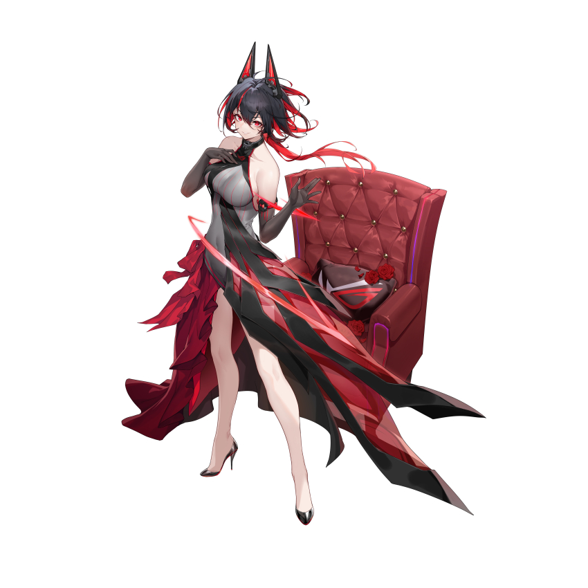 1girl absurdres asus bare_shoulders black_footwear black_gloves black_hair breasts collarbone commentary couch covered_navel dress elbow_gloves full_body gloves grin halter_dress halterneck hand_on_own_chest high-low_dress high-low_skirt high_heels highres interface_headset_(evangelion) large_breasts long_hair looking_at_viewer multicolored_hair official_alternate_costume parted_lips pumps red_eyes red_hair ro_ji_(asus) shanyao_jiang_tororo simple_background smile solo standing streaked_hair two-tone_hair virtual_youtuber white_background