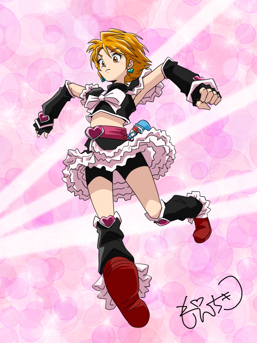 1girl bike_shorts bike_shorts_under_skirt black_shorts cure_black detached_sleeves dress earrings frilled_dress frills full_body futari_wa_precure heart heart_earrings highres jewelry looking_to_the_side midriff misumi_nagisa moechiki pink_background precure red_hair running shorts signature solo yellow_eyes