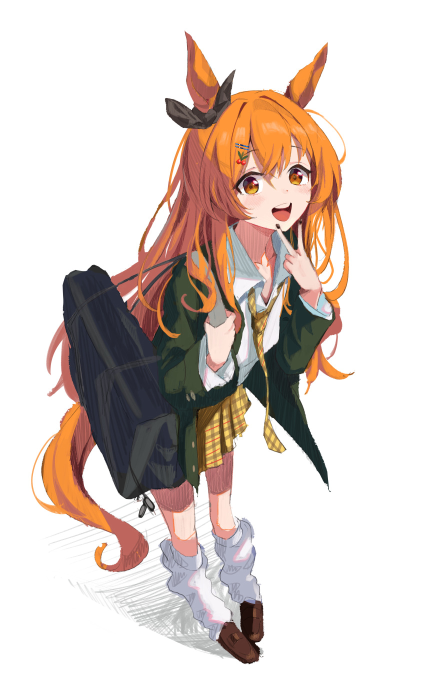 1girl absurdres animal_ears bag blush breasts collarbone commentary full_body gyaru hair_ornament highres horse_ears horse_girl horse_tail looking_at_viewer mayano_top_gun_(umamusume) necktie orange_eyes orange_hair school_uniform simple_background small_breasts solo tail tsujiya_okuyasu umamusume v white_background