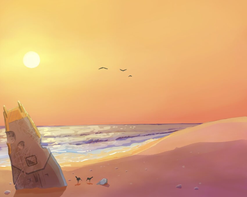 battle_of_titans beach bird cormorant_(battle_of_titans) highres landscape mechabare no_humans ocean orange_sky outdoors scenery science_fiction sky sun vdt waves wreckage