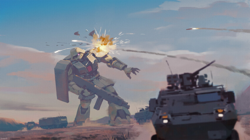 absurdres armored_personnel_carrier armored_vehicle battle blue_sky caravan cloud commentary contrail damaged day debris dust_cloud english_commentary explosion gun gundam gundam_0080 gundam_08th_ms_team highres holding holding_weapon icemarv14 machine_gun machinery mecha military_vehicle missile mobile_suit motor_vehicle no_humans outdoors projectile_trail realistic robot science_fiction shield shoulder_spikes sky smoke spikes truck under_fire weapon zaku zaku_ii zaku_ii_fz_kai zeon