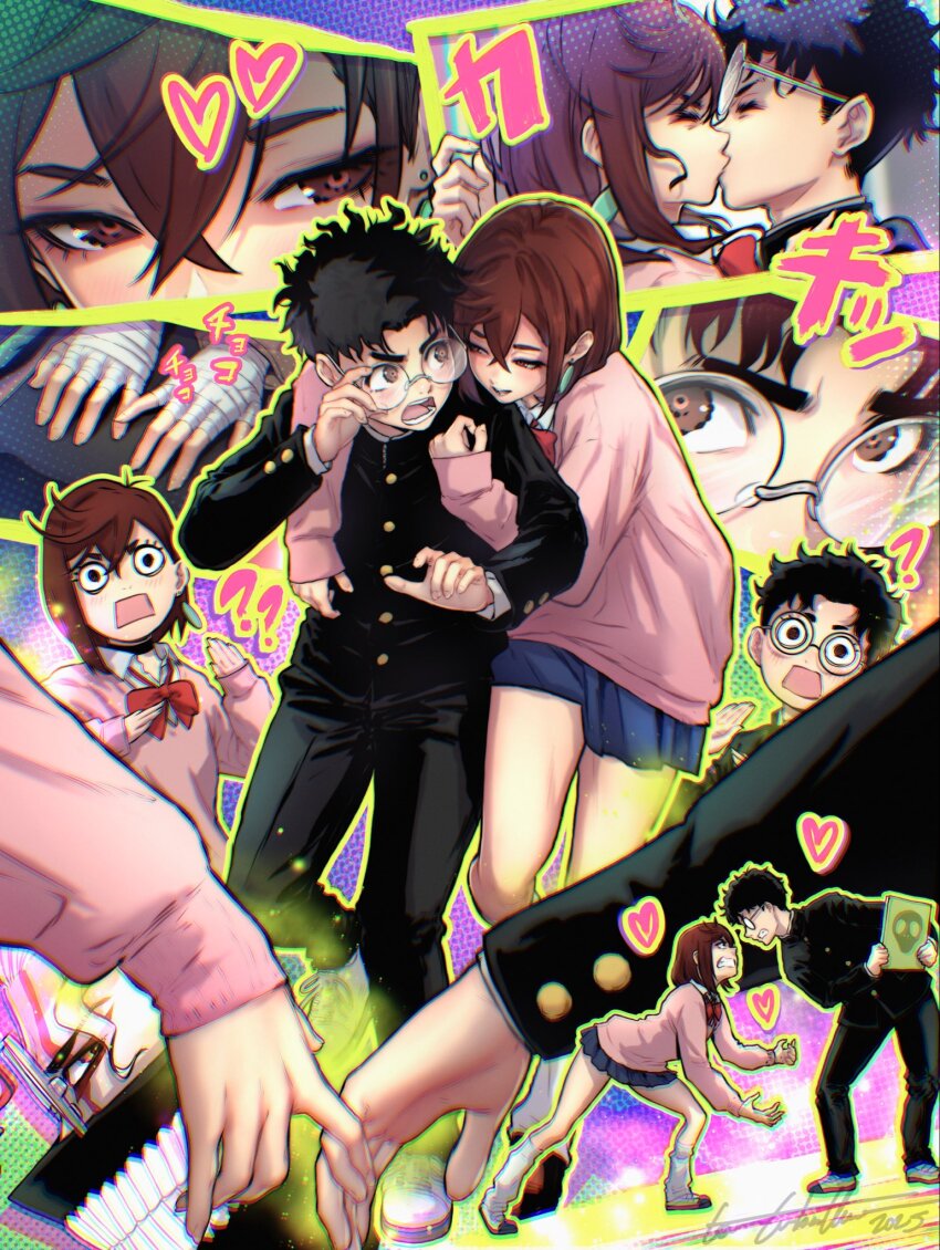 1boy 1girl ? ?? adjusting_eyewear angry ayase_momo bandaged_hand bandages bent_over black_hair black_jacket black_pants blue_skirt blush bob_cut book border bow bowtie brown_eyes brown_hair collared_shirt commentary couple crossed_bangs curled_fingers dandadan dress_shirt earrings english_commentary face-to-face fighting from_side gakuran glasses halftone halftone_background heart highres holding holding_book holding_hands hug hug_from_behind jacket jewelry kiss kneehighs leaning_forward long_sleeves loose_socks medium_hair messy_hair multiple_views outline pants pendant_earring pink_sweater pleated_skirt rectangular_mouth red_bow red_bowtie rimless_eyewear round_eyewear school_uniform screentones shirt shoes shouting side-by-side skirt sleeves_past_wrists sneakers socks surprised sweater takakura_ken_(dandadan) takakura_ken_(transformed)_(dandadan) teeth_print_mask thick_eyebrows toni_caballero uwabaki v-shaped_eyebrows wavy_hair white_hair white_shirt white_shoes white_socks yellow_border yellow_outline