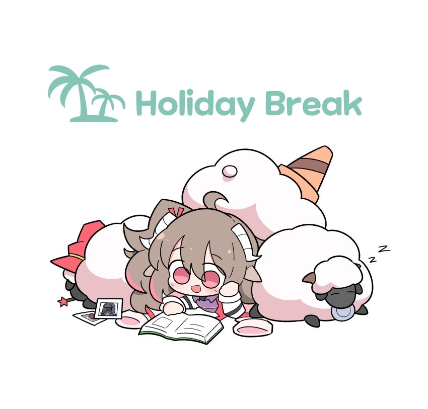 1girl absurdres ahoge arknights brown_hair chibi collared_shirt doctor_(arknights) english_text eyjafjalla_(arknights) eyjafjalla_the_hvit_aska_(arknights) hat head_rest highres horns jacket looking_down lying malrangdonut on_stomach open_mouth pink_eyes purple_shirt reading sheep sheep_horns shirt side_ponytail simple_background smile traffic_cone wand white_background white_jacket witch_hat zzz