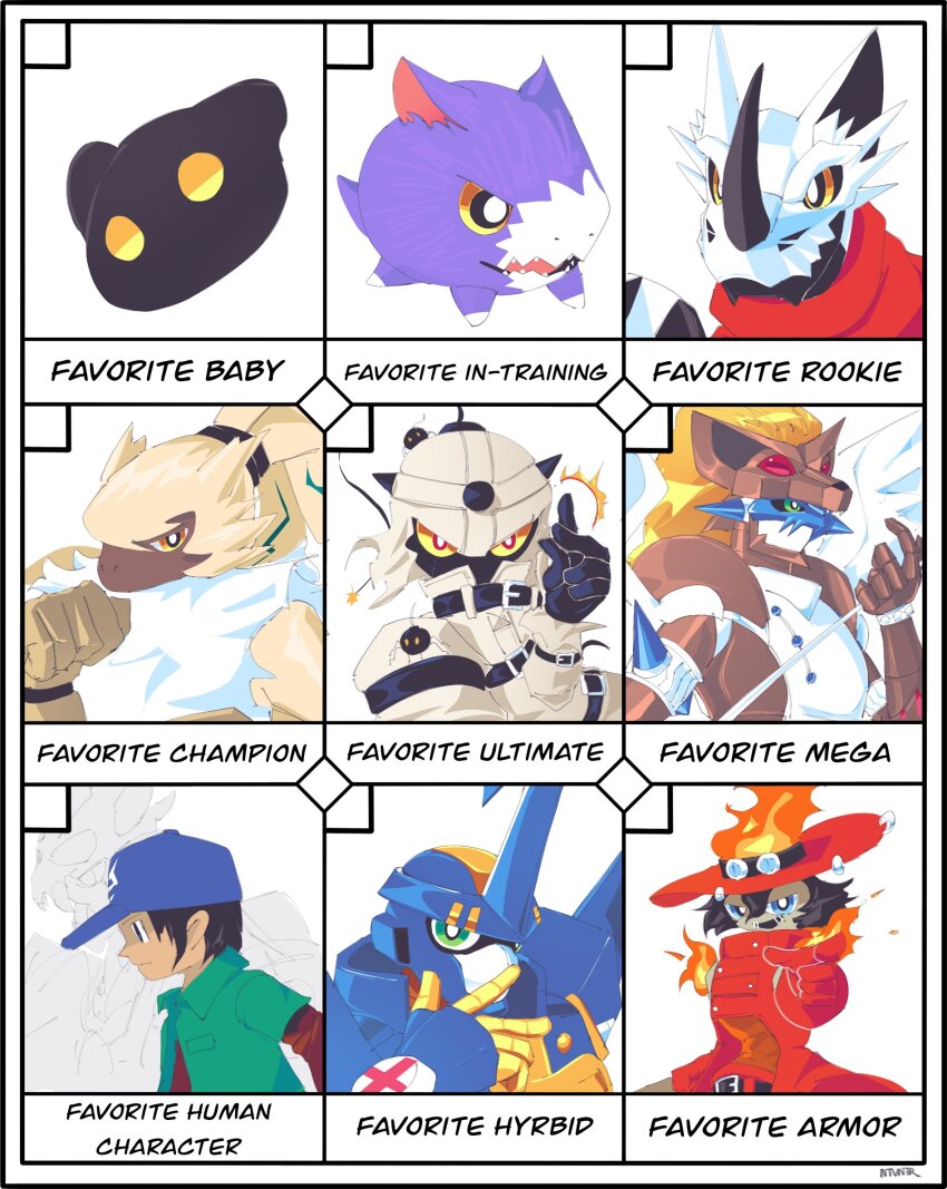 armor belt blitzmon bombermon botamon digimon digimon_(creature) digimon_frontier digimon_ghost_game dorimon duftmon duskmon fire flawizarmon green_eyes hackmon_(digimon) hat highres horns kimura_kouichi skull symbareangoramon