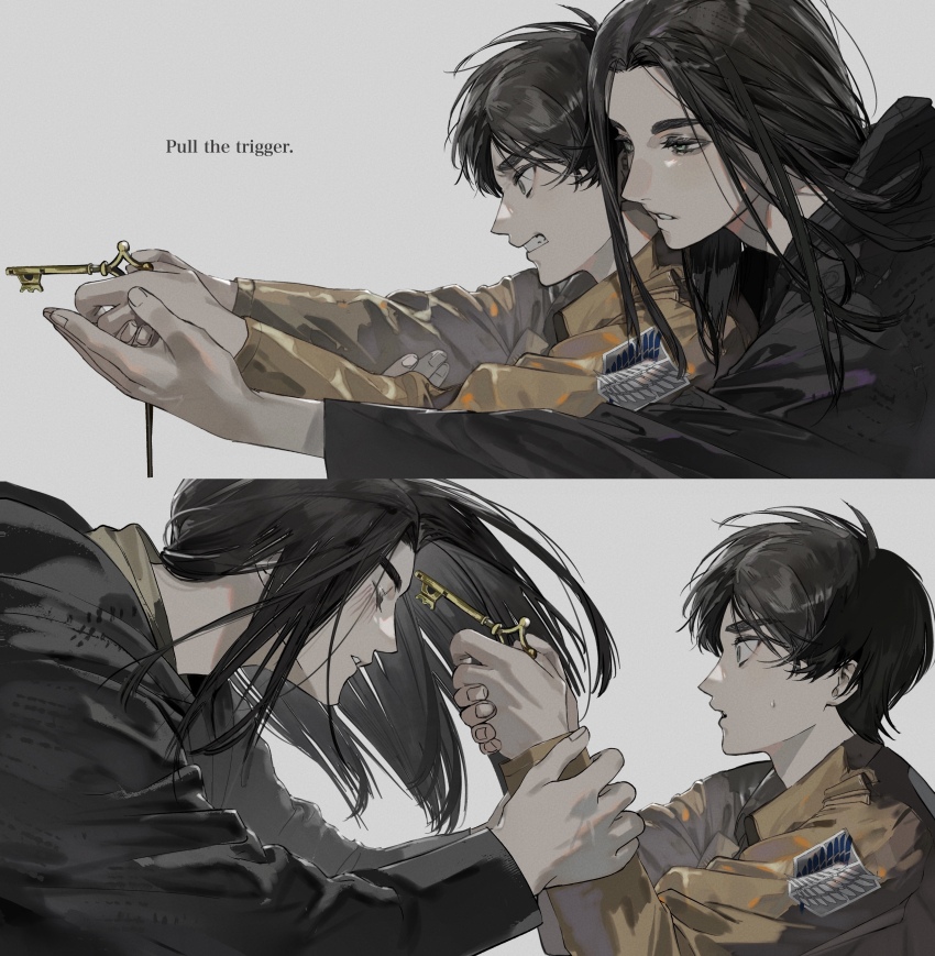 1boy absurdres black_cloak black_hair brown_shirt chinese_commentary clenched_teeth cloak closed_eyes collared_shirt commentary_request dual_persona eren_yeager from_side green_eyes highres holding holding_key hood hooded_cloak jacket key kiyoshi_st long_hair male_focus paradis_military_uniform parted_lips pointing pointing_at_another shingeki_no_kyojin shirt short_hair survey_corps_(emblem) sweatdrop teeth thick_eyebrows time_paradox
