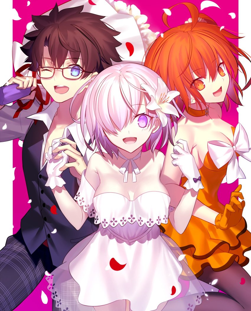 1boy 2girls :d ;d ahoge black-framed_eyewear black_legwear black_pants bouquet bow breasts brown_hair choker cleavage collarbone dress dual_persona fate/grand_order fate_(series) flower fujimaru_ritsuka_(female) fujimaru_ritsuka_(female)_(starlight_fest) fujimaru_ritsuka_(male) fujimaru_ritsuka_(male)_(starlight_fest) glasses gloves hair_between_eyes hair_flower hair_ornament hair_over_one_eye highres holding holding_bouquet layered_dress long_hair looking_at_viewer mash_kyrielight mash_kyrielight_(formal_dress) mashima_saki_(mashimasa) medium_breasts multiple_girls official_alternate_costume one_eye_closed one_side_up open_clothes open_mouth open_shirt orange_dress orange_eyes orange_gloves orange_hair pants pantyhose petals pink_hair purple_bow purple_eyes red_ribbon ribbon ribbon_choker shirt short_dress short_hair sideboob sleeveless sleeveless_dress smile striped_clothes striped_dress white_bow white_dress white_flower white_gloves white_ribbon white_shirt