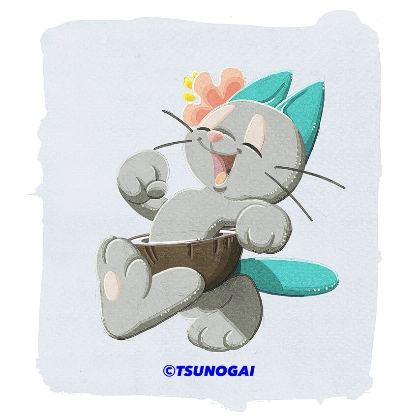 aqua_tail artist_name baby_animal cat clenched_hands closed_eyes coconut commentary_request copyright_notice english_text flower full_body grey_background grey_cat grey_fur hibi-chan hibiscus highres jpeg_artifacts kitten leaning_back legs_apart no_humans open_mouth original pants pink_flower retro_artstyle sidelighting simple_background sketch snout solo tezuka_osamu_(style) tongue tsunogai two-tone_background two-tone_fur walking whiskers white_background