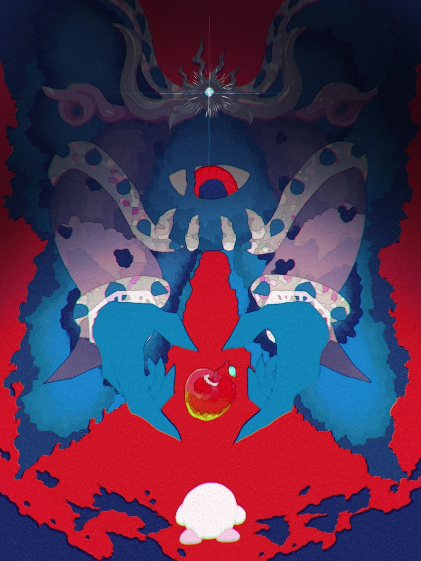 abstract apple claws commentary_request demon_horns food from_behind fruit glint gradient_background highres horns kirby kirby&#039;s_return_to_dream_land kirby&#039;s_return_to_dream_land_deluxe kirby_(series) looking_at_another magolor magolor_soul master_crown multicolored_background nintendo no_humans one-eyed otofu_(vadt8327) possessed rayman_limbs red_eyes spikes spoilers wings