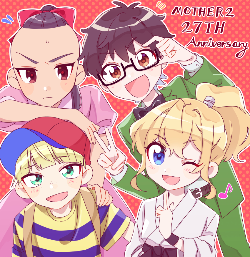 1girl absurdres alternate_hairstyle baseball_cap black_hair blonde_hair blue_eyes cosplay costume_switch cyappy1022 dress hairstyle_switch hat highres jeff_andonuts male_focus mother_(series) mother_2 multiple_boys ness_(mother_2) nintendo open_mouth paula_(mother_2) poo_(mother_2) red_hat shirt short_hair smile striped_clothes striped_shirt