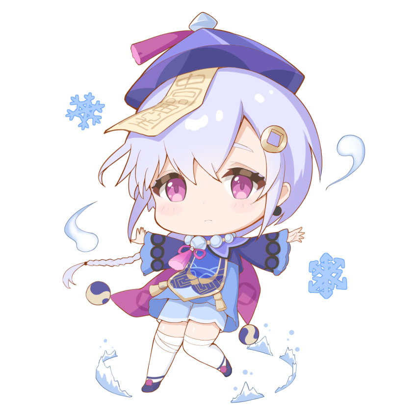 1girl bandaged_leg bandages braid cape chibi chinese_clothes coin_hair_ornament commentary_request earrings full_body genshin_impact hair_between_eyes hair_ornament hat highres jewelry jiangshi long_hair long_sleeves looking_at_viewer low_ponytail ofuda orb outstretched_arms ponytail purple_eyes purple_hair qingdai_guanmao qiqi_(genshin_impact) shoes shorts sidelocks simple_background single_braid solo spread_arms standing standing_on_one_leg thighhighs white_thighhighs yin_yang yin_yang_orb yuetsu zen