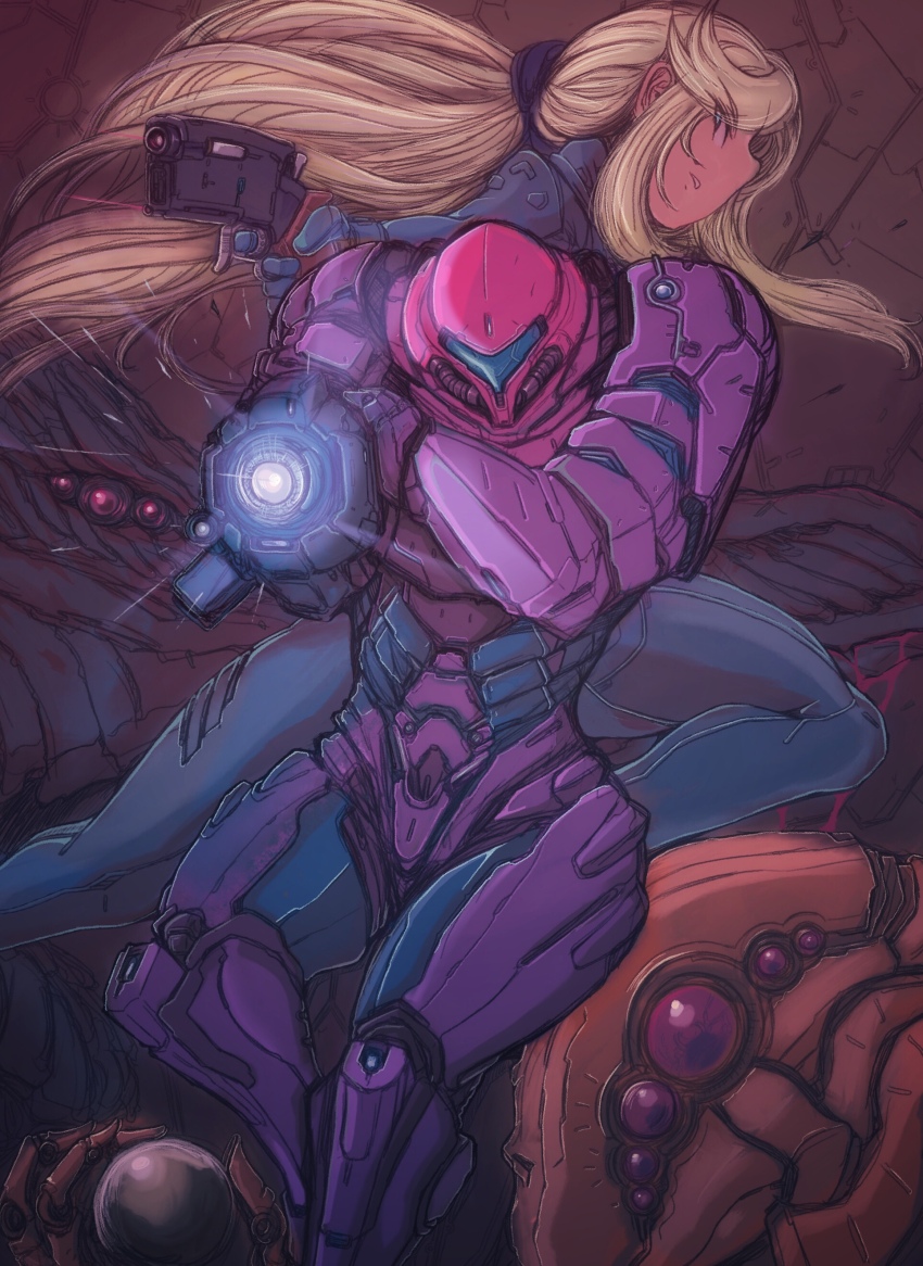 1girl 1other absurdres alien arm_cannon armor assault_visor blonde_hair blue_bodysuit blue_visor bodysuit breasts chorizo doekuramori extra_eyes gravity_suit_(metroid) gun handgun helmet highres kraid long_hair looking_at_viewer metroid monster nintendo ponytail power_armor power_suit_(metroid) red_eyes samus_aran science_fiction skin_tight solo_focus weapon zero_suit