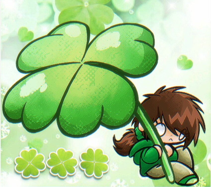 1girl brown_hair cable_bun chibi chibi_only clover commentary eddsworld ell_(eddsworld) frown green_hoodie green_shoes green_theme heisei_retro highres holding holding_clover hood hood_down hoodie long_hair o_o oversized_object ponytail shoes symbol-only_commentary