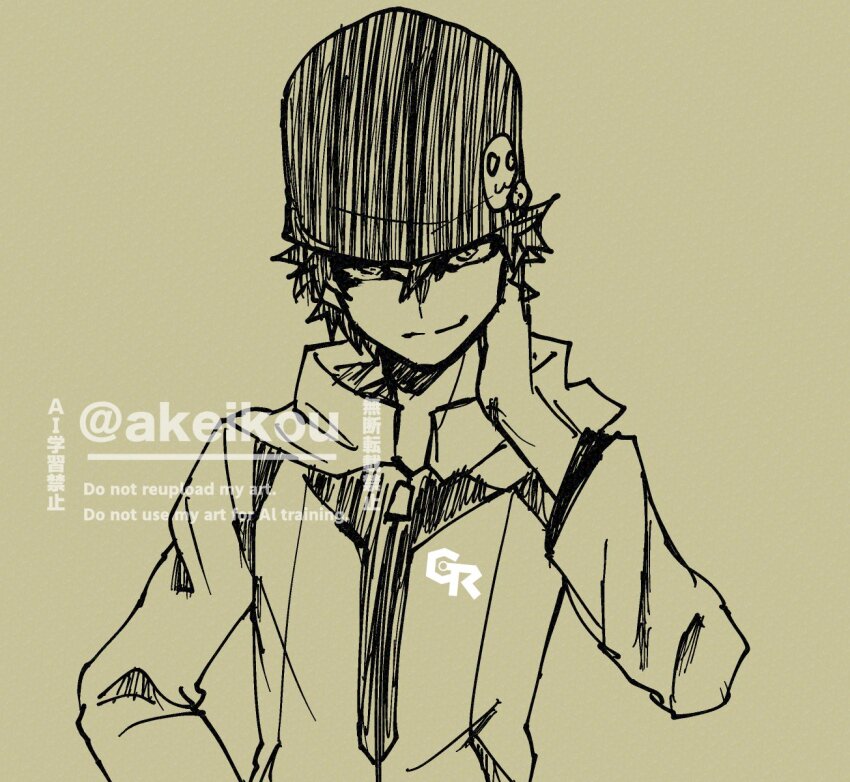 1boy akeikou beanie brown_background digimon digimon_world_-next_0rder- hat highres jacket male_focus mameo_(digimon) monochrome short_hair simple_background sketch solo upper_body watermark