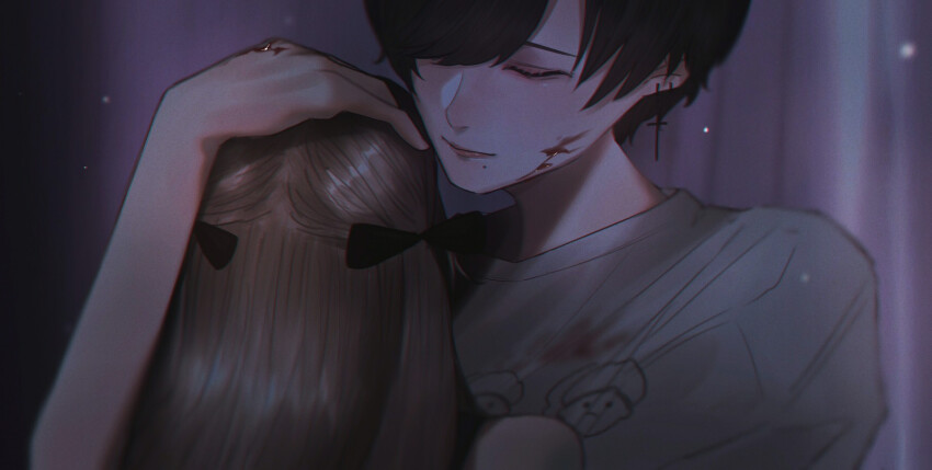 1boy 1girl black_bow black_hair blood blood_on_clothes blood_on_face blood_on_hands bow brown_hair closed_eyes couple cross cross_earrings earrings fhair_bow grey_shirt hair_over_one_eye hand_on_another&#039;s_head hetero highres hug jewelry latin_cross lips mano_aaa mole mole_under_eye one_eye_covered original shirt short_hair swept_bangs t-shirt upper_body