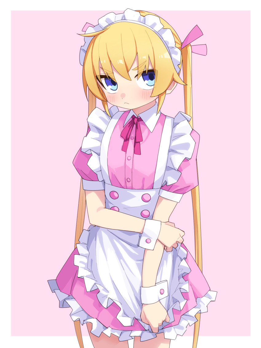 1girl :&lt; apron blonde_hair blue_eyes blush border closed_mouth dress frilled_apron frills hair_between_eyes hair_ribbon highres kill_me_baby long_hair maid_headdress neck_ribbon pink_dress pink_ribbon puffy_short_sleeves puffy_sleeves ribbon short_sleeves simple_background sleeves_past_wrists solo sonya_(kill_me_baby) twintails very_long_hair white_apron white_border yachima_tana