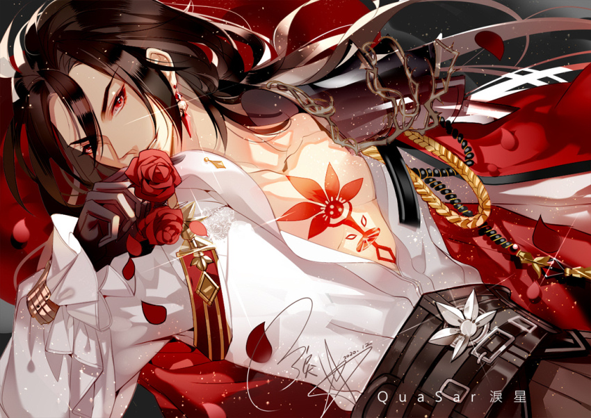 1boy aiguillette armor belt black_belt black_gloves black_hair black_pants cape chest_tattoo curtained_hair earrings falling_petals flower frilled_sleeves frills gloves hair_between_eyes hand_up holding holding_flower hyosung jewelry lianhua_blood_duck_(the_tale_of_food) light_particles long_hair long_sleeves looking_at_viewer low_ponytail lying male_focus medal official_alternate_costume on_back open_clothes open_shirt pants parted_lips pauldrons petals ponytail red_cape red_eyes red_flower red_rose rose rose_petals shirt shoulder_armor side_cape sideways_glance signature single_pauldron smile solo tattoo the_tale_of_food upper_body v-shaped_eyebrows white_shirt
