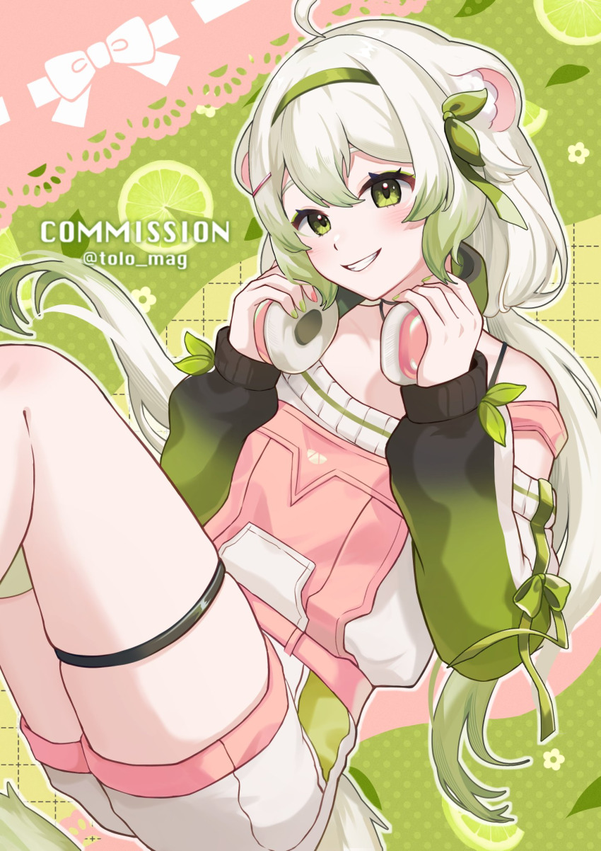 1girl ahoge animal_ears breasts ferret ferret_ears ferret_girl ferret_tail food fruit gradient_hair gradient_tail green_hair green_sweater green_tail hairband headphones headphones_around_neck highres jewelry laimu_(vtuber) laimu_(vtuber)_(cozy) lime_(fruit) lime_slice long_hair multicolored_hair multicolored_tail necklace overalls pink_overalls ribbon single_thighhigh skindentation small_breasts sweater tail thigh_strap thighhighs thighs tolo_mag twintails two-tone_hair two-tone_tail vinesauce virtual_youtuber white_hair white_overalls white_sweater white_tail zettai_ryouiki