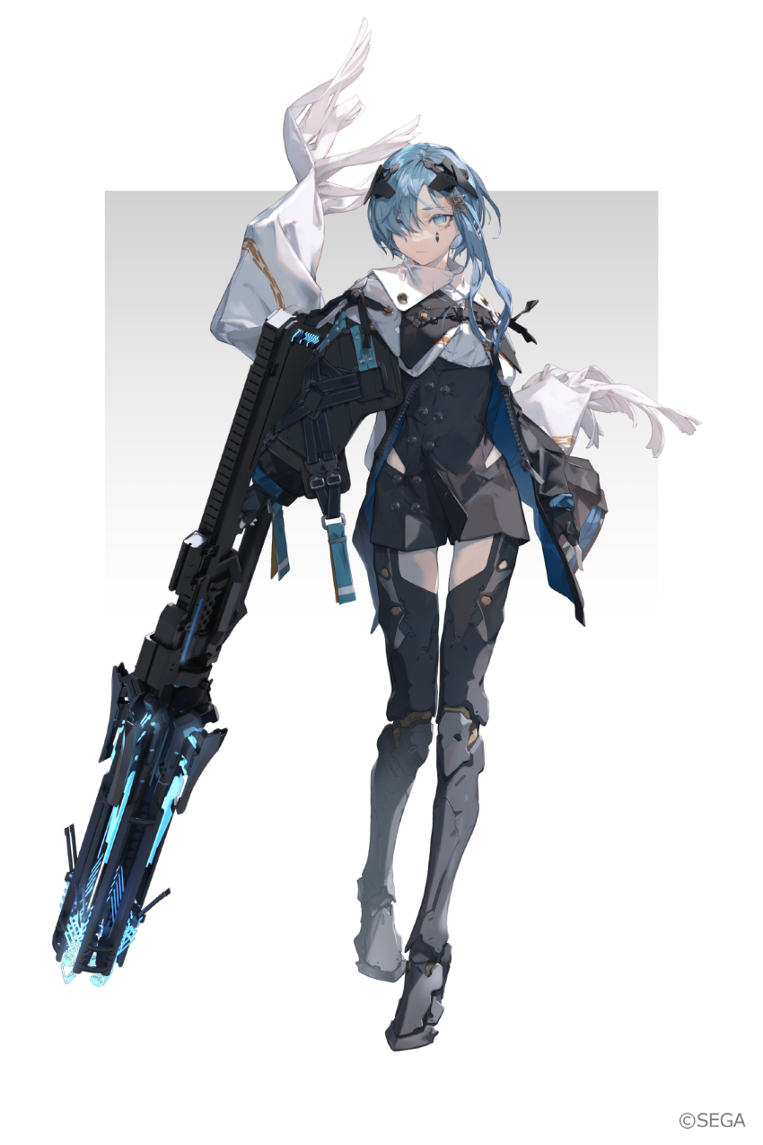 1girl black_gloves blazer blue_eyes blue_hair character_request clothing_cutout copyright_request fingerless_gloves gloves highres holding holding_weapon jacket long_hair mechanical_legs miya solo standing thigh_cutout thigh_gap weapon