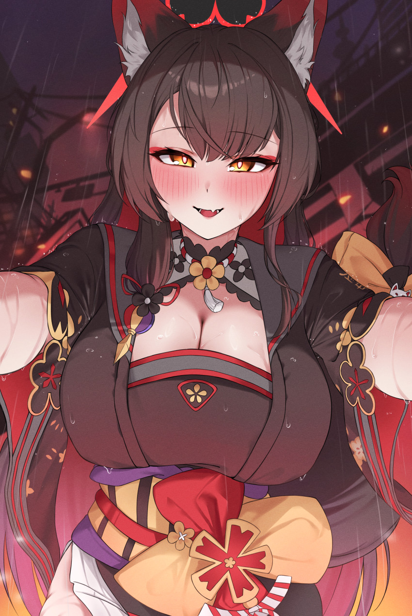 1girl absurdres animal_ear_fluff animal_ears arms_up black_hair black_kimono black_sailor_collar blue_archive blush bow breasts cleavage colored_inner_hair eyeshadow fang floral_print fox_ears fox_girl gyu_chul hair_ornament halo high-waist_dress highres japanese_clothes kimono lamppost large_breasts long_hair looking_at_viewer makeup multicolored_hair night obi open_mouth outdoors print_kimono rain red_eyeshadow red_halo sailor_collar sash skin_fang solo tail tail_bow tail_ornament upper_body wakamo_(blue_archive) water_drop wet wet_clothes wide_sleeves wispy_bangs yellow_eyes