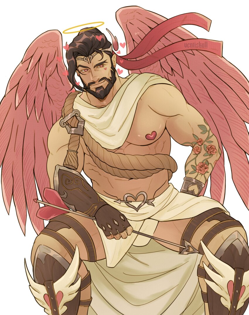 1boy absurdres arrow_(projectile) asian bara beard brown_hair cupid_hanzo facial_hair feathered_wings feet_out_of_frame hanzo_(overwatch) heart_pasties highres ives_navarro large_pectorals loincloth male_focus muscular muscular_male official_alternate_costume overwatch pasties pectorals pink_wings short_hair sitting smile solo thick_eyebrows tiara valentine wings