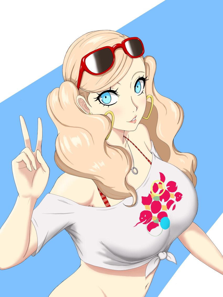 1girl absurdres blonde_hair blue_eyes breasts crop_top earrings eyewear_on_head heart heart_earrings highres hoop_earrings jewelry large_breasts long_hair nahone_peko necklace persona persona_5 persona_5_scramble:_the_phantom_strikers red-framed_eyewear shirt simple_background solo sunglasses takamaki_anne tied_shirt twintails upper_body v wavy_hair