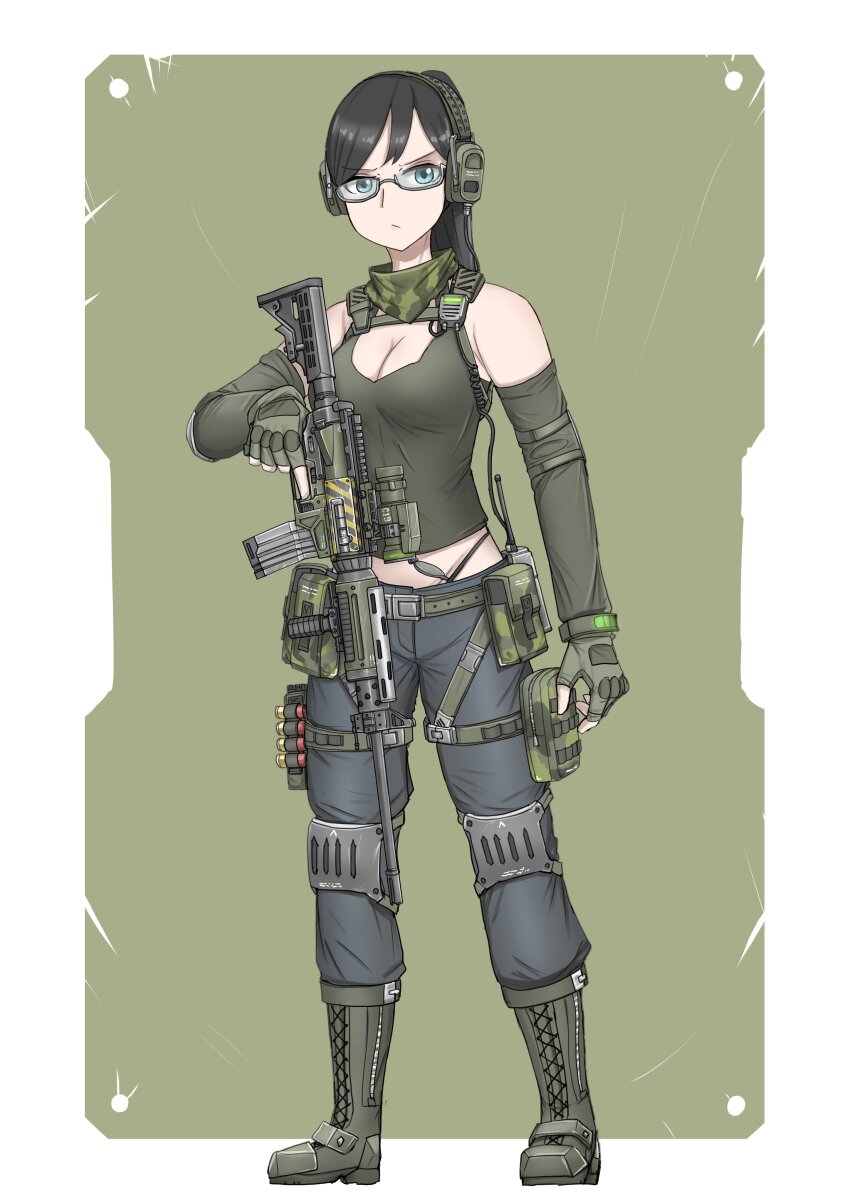 1girl absurdres angry assault_rifle bandana black_hair blue_eyes border breasts camouflage cleavage commission detached_sleeves fingerless_gloves glasses gloves green_background green_bandana green_gloves green_sleeves green_tank_top grey_pants gun h&amp;k_hk416 highres looking_at_viewer medium_breasts optical_sight original pants rifle shotgun_shell solo srtdrawart stomach tank_top vertical_foregrip weapon white_border woodland_camouflage