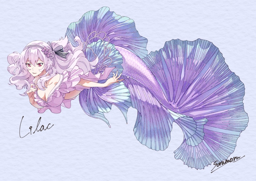 1girl bare_shoulders blue_background breasts cleavage collarbone commentary_request commission english_text flower_ornament hair_ornament hair_ribbon hairband hand_on_own_chest highres large_breasts long_hair looking_at_viewer mermaid monster_girl original paper_texture pearl_hairband purple_theme red_eyes ribbon siamese_fighting_fish signature smile solo soramaru_ell two-tone_ribbon vgen_commission
