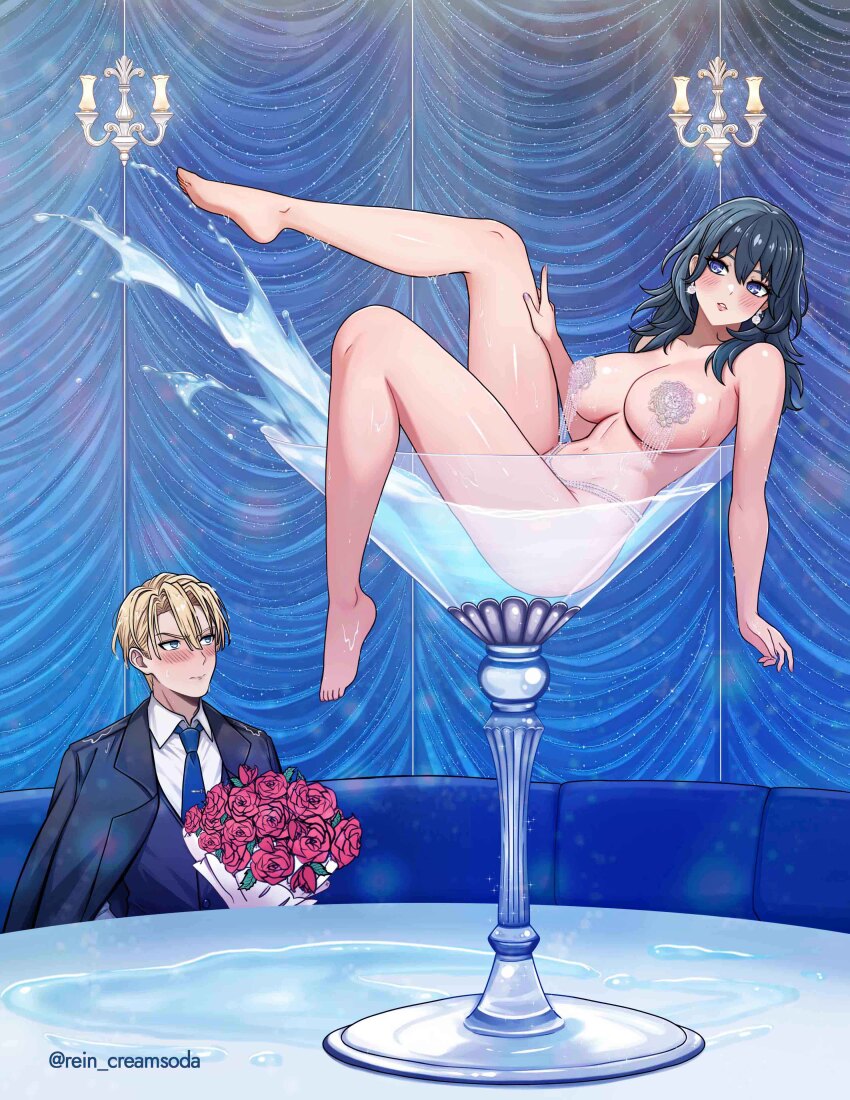 1boy 1girl :o absurdres artist_name bare_arms bare_legs barefoot black_suit blonde_hair blue_eyes blue_hair blue_necktie blush bouquet breasts collared_shirt commission couch cup dimitri_alexandre_blaiddyd earrings female_byleth_(fire_emblem) fire_emblem fire_emblem:_three_houses flower formal_clothes hair_between_eyes hand_on_own_thigh highres holding holding_bouquet in_container in_cup jewelry knees large_breasts looking_at_another medium_hair navel necktie nintendo parted_lips pearl_bikini rein_creamsoda shirt splashing stomach suit thighs toes watermark wet white_shirt