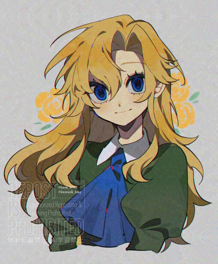 1girl ascot blonde_hair blue_ascot closed_mouth collar dress flower green_dress grey_background highres ib_(kouri) kawasaki_(kwsk_8765) long_hair mary_(ib) messy_hair rose smile solo upper_body watermark white_collar yellow_flower yellow_rose