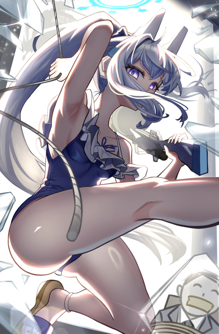 1boy 1girl absurdres animal_ear_headphones animal_ears blue_archive blue_halo blue_one-piece_swimsuit broken_glass casual_one-piece_swimsuit doodle_sensei_(blue_archive) fake_animal_ears frilled_one-piece_swimsuit frills glass gun halo headphones highres holding holding_gun holding_weapon kicking kunku_(youn4431) long_hair miyako_(blue_archive) miyako_(swimsuit)_(blue_archive) off-shoulder_one-piece_swimsuit off_shoulder official_alternate_costume one-piece_swimsuit ponytail rabbit_ear_headphones rappelling sensei_(blue_archive) submachine_gun suomi_kp/-31 swimsuit weapon