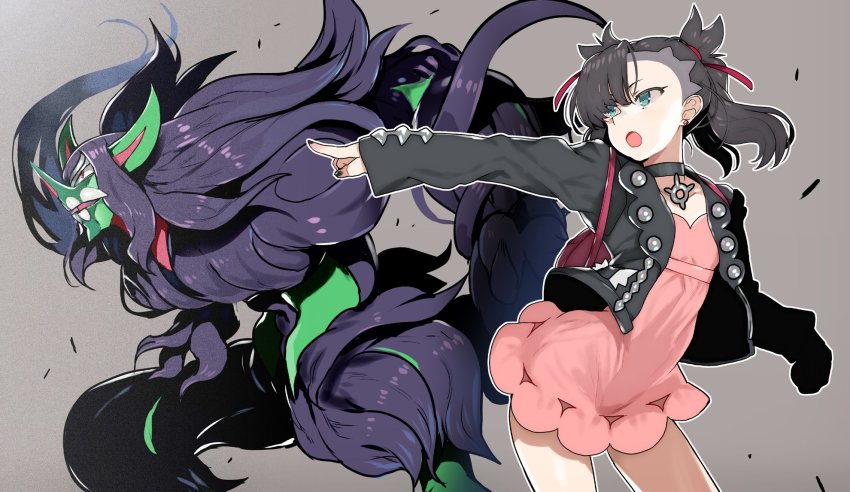 1girl asymmetrical_bangs asymmetrical_hair black_choker black_hair black_jacket black_nails char choker commentary_request dress dusk_ball earrings gen_8_pokemon green_eyes grey_background grimmsnarl hair_ribbon highres jacket jewelry long_sleeves looking_to_the_side marnie_(pokemon) medium_hair nail_polish nintendo open_clothes open_jacket open_mouth pendant pink_dress pointing poke_ball pokemon pokemon_(creature) pokemon_swsh red_ribbon ribbon short_dress standing twintails undercut
