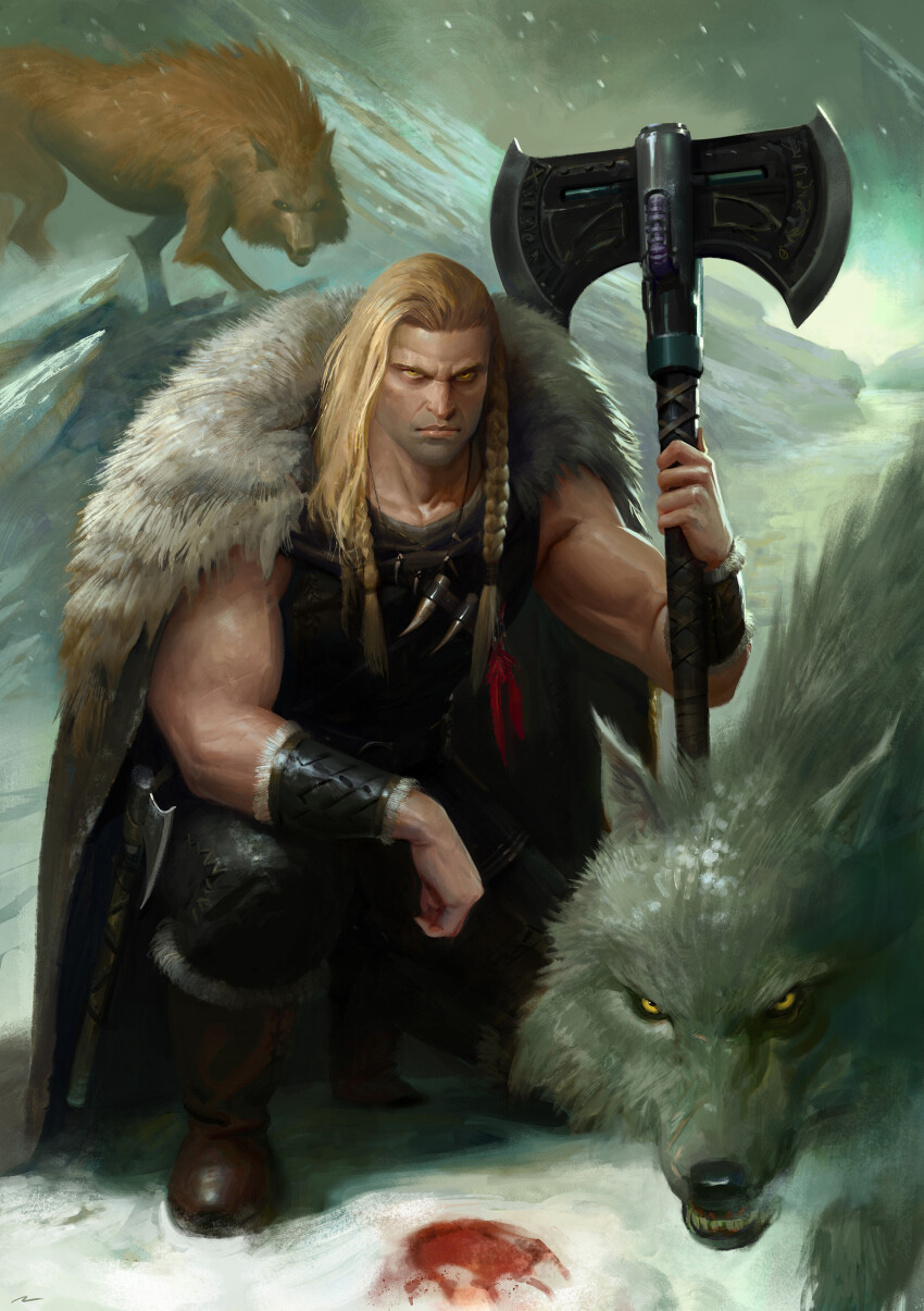 1boy absurdres animal axe battle_axe blonde_hair blood_on_snow braid cape commentary english_commentary feathers fur_cape fur_trim highres holding holding_axe leman_russ long_hair looking_at_viewer male_focus mountain muscular muscular_male official_art ornate_axe ornate_weapon oruam outdoors photoshop_(medium) primarch red_feathers runes snow space_wolves squatting warhammer_40k weapon wolf yellow_eyes