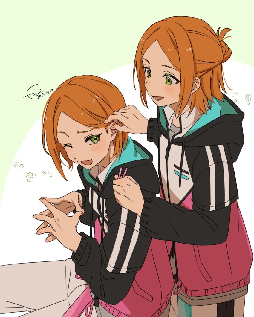2boys 2wink_(ensemble_stars!) :3 :d aoi_hinata aoi_yuta black_jacket cowboy_shot drawstring ensemble_stars! flower front-to-back fuurin_(sior_fr) green_eyes hair_behind_ear hair_bun hair_ornament hairclip half_updo highres holding holding_hair_ornament hood hood_down hooded_jacket jacket layered_sleeves long_sleeves looking_at_another male_focus medium_hair multicolored_jacket multiple_boys one_eye_closed open_mouth orange_hair pants parted_bangs pink_jacket raised_eyebrow short_hair short_sleeves siblings sitting smile standing steepled_fingers track_jacket track_pants track_suit tucking_hair twins