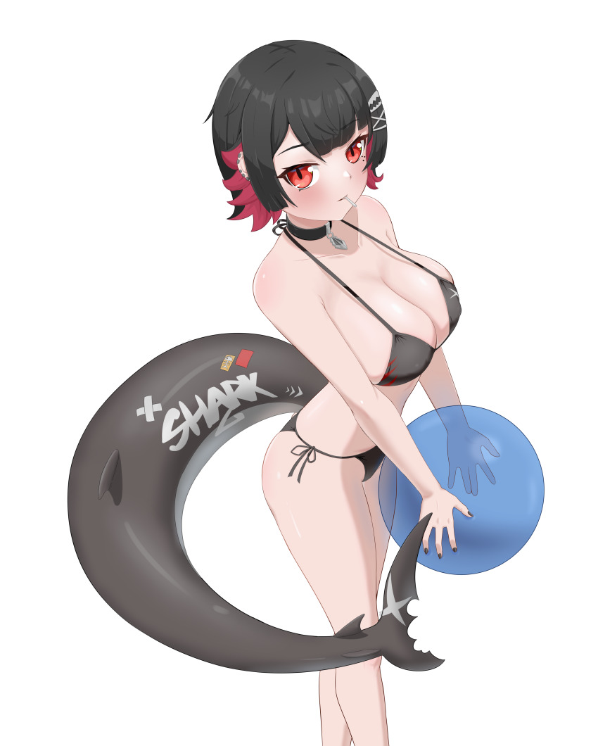 1girl absurdres ball bare_shoulders beachball bikini black_bikini black_choker black_hair black_nails blush breasts candy choker cleavage collarbone commentary ellen_joe english_commentary feet_out_of_frame fins fish_tail food hair_ornament highres holding holding_ball holding_beachball large_breasts lollipop lollipop_in_mouth looking_at_viewer mole mole_under_eye red_eyes red_hair shark_girl shark_tail short_hair side-tie_bikini_bottom simple_background solo swimsuit tail white_background zancrowkami zenless_zone_zero