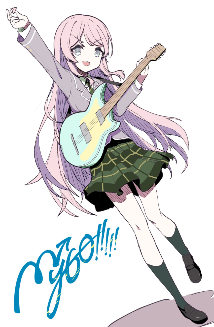 1girl bang_dream! bang_dream!_it&#039;s_mygo!!!!! black_shoes blazer chihaya_anon chinese_commentary collared_shirt commentary_request copyright_name diagonal-striped_clothes diagonal-striped_necktie dress_shirt fang full_body green_necktie green_socks grey_eyes grey_jacket guitar haneoka_school_uniform highres holding holding_guitar holding_instrument holding_plectrum instrument jacket kneehighs loafers long_hair long_sleeves lossy-lossless necktie open_mouth pink_hair plectrum school_uniform shirt shoes simple_background socks solo striped_clothes teeth upper_teeth_only very_long_hair white_background white_shirt zhong_xiansheng