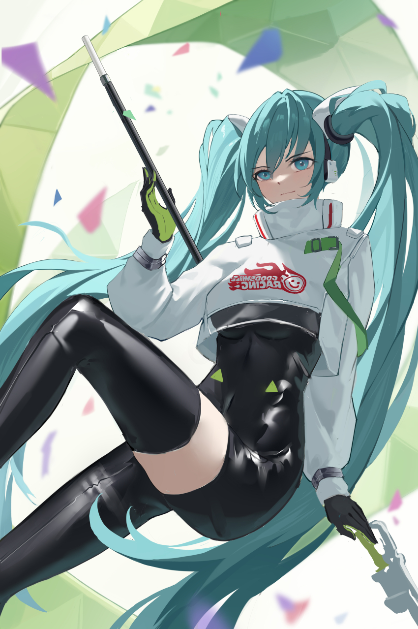 1girl aaas1s absurdly_long_hair absurdres black_gloves black_thighhighs breasts confetti gloves goodsmile_racing green_eyes green_gloves green_hair hatsune_miku high_collar highres long_hair long_sleeves medium_breasts racing_miku racing_miku_(2022) solo thighhighs twintails two-tone_gloves very_long_hair vocaloid