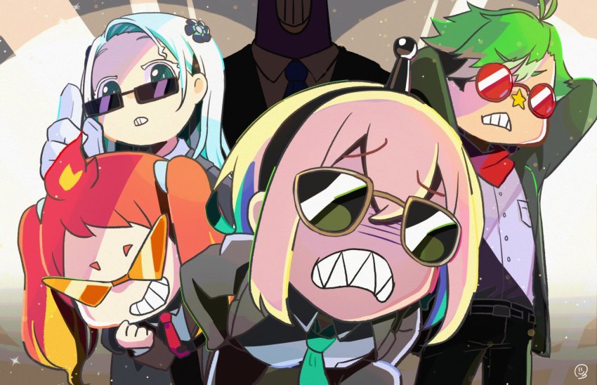 2boys 3girls amano_pikamee bird black_jacket blonde_hair blue_eyes collared_shirt colored_tips daimonji_ryugon foreshortening formal_clothes frown gloves green_neckwear gyari_(bird) haneuzu_miuneru hikasa_tomoshika jacket looking_at_viewer multicolored_hair multiple_boys multiple_girls necktie open_mouth red_scarf scarf sharp_teeth shirt silver_hair smile suit sunglasses teeth tokiharu twintails v-shaped_eyebrows virtual_youtuber voms white_gloves white_shirt