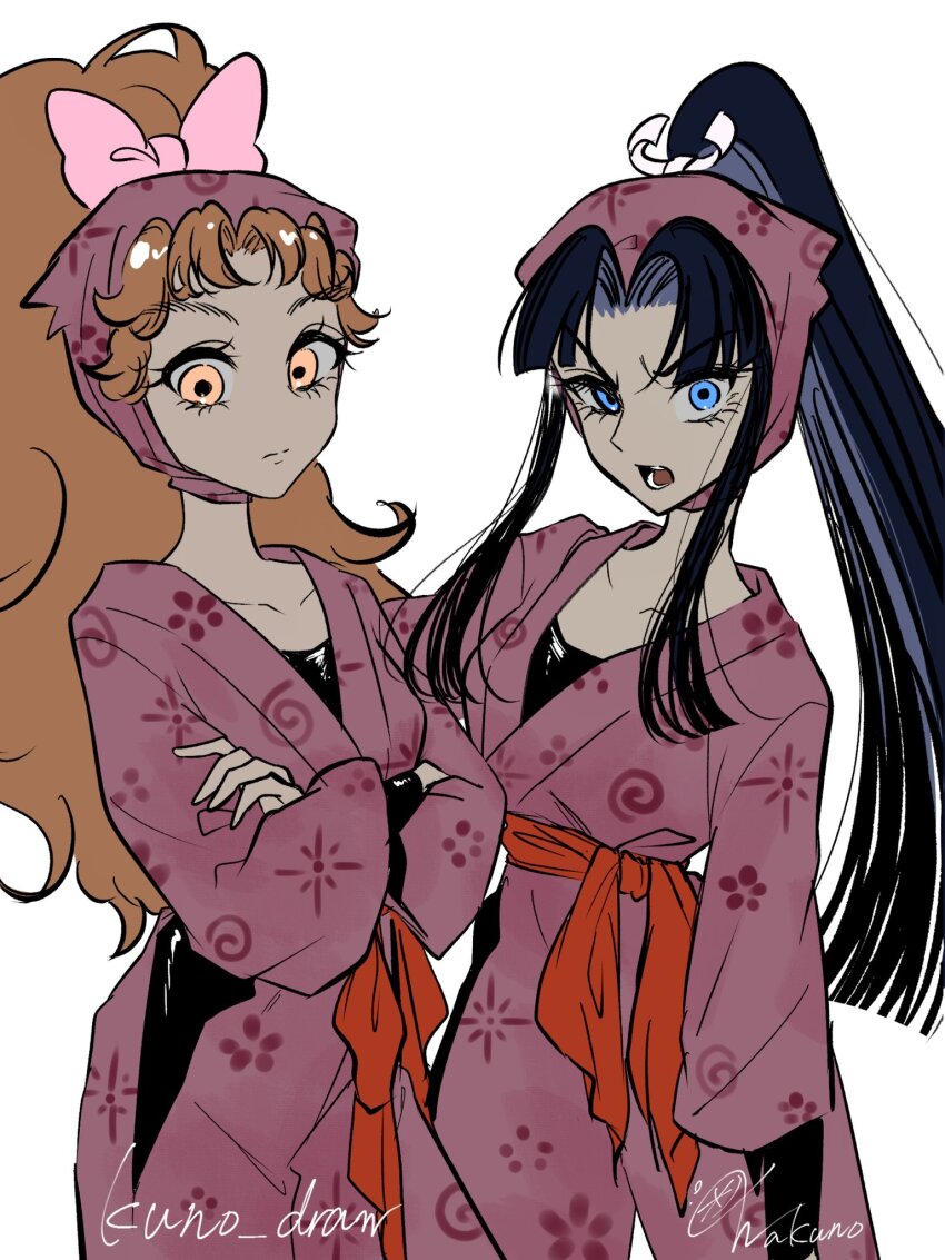2girls blue_eyes bow closed_mouth commentary_request crossed_arms hair_bow headscarf highres japanese_clothes kimono light_brown_hair looking_at_viewer motoyui multiple_girls ninja pants pink_bow pink_headscarf pink_kimono pink_pants ponytail rakudai_ninja_rantarou red_sash sash sidelocks signature simple_background tomomi_(rakudai_ninja_rantarou) twitter_username wakuno_lemon white_background yuki_(rakudai_ninja_rantarou)