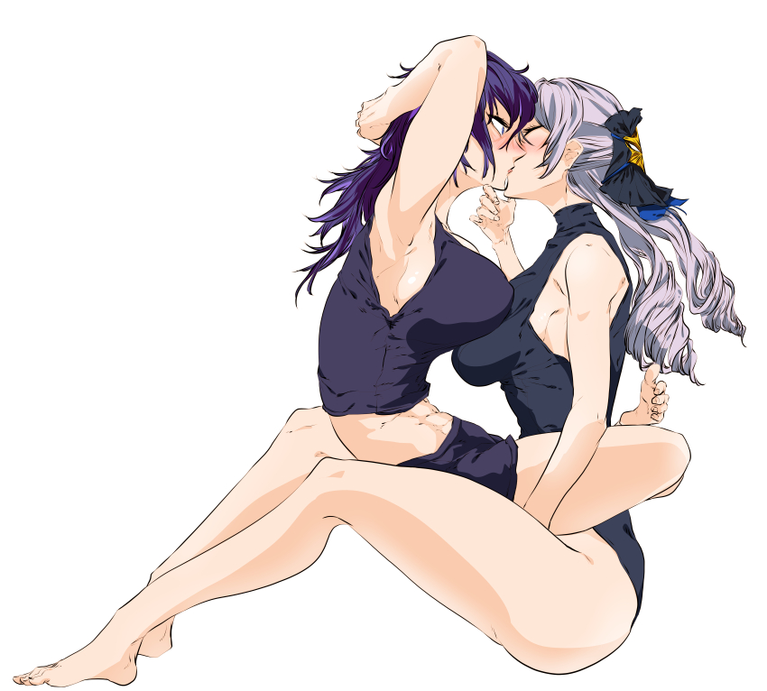 2girls abs absurdres armpits arms_behind_head arms_up bare_arms bare_legs bare_shoulders barefoot blush breasts bronya_rand detached_sleeves drill_hair exercising facing_another from_side full_body grey_hair hand_on_another&#039;s_chin highres honkai:_star_rail honkai_(series) kiss knees_up kyanduru large_breasts leg_lock leotard long_hair looking_at_another multiple_girls nose_blush purple_eyes seele_(honkai:_star_rail) shorts simple_background sit-up sitting sitting_on_person sleeveless leotard stomach toes toned toned_female twin_drills white_background yuri