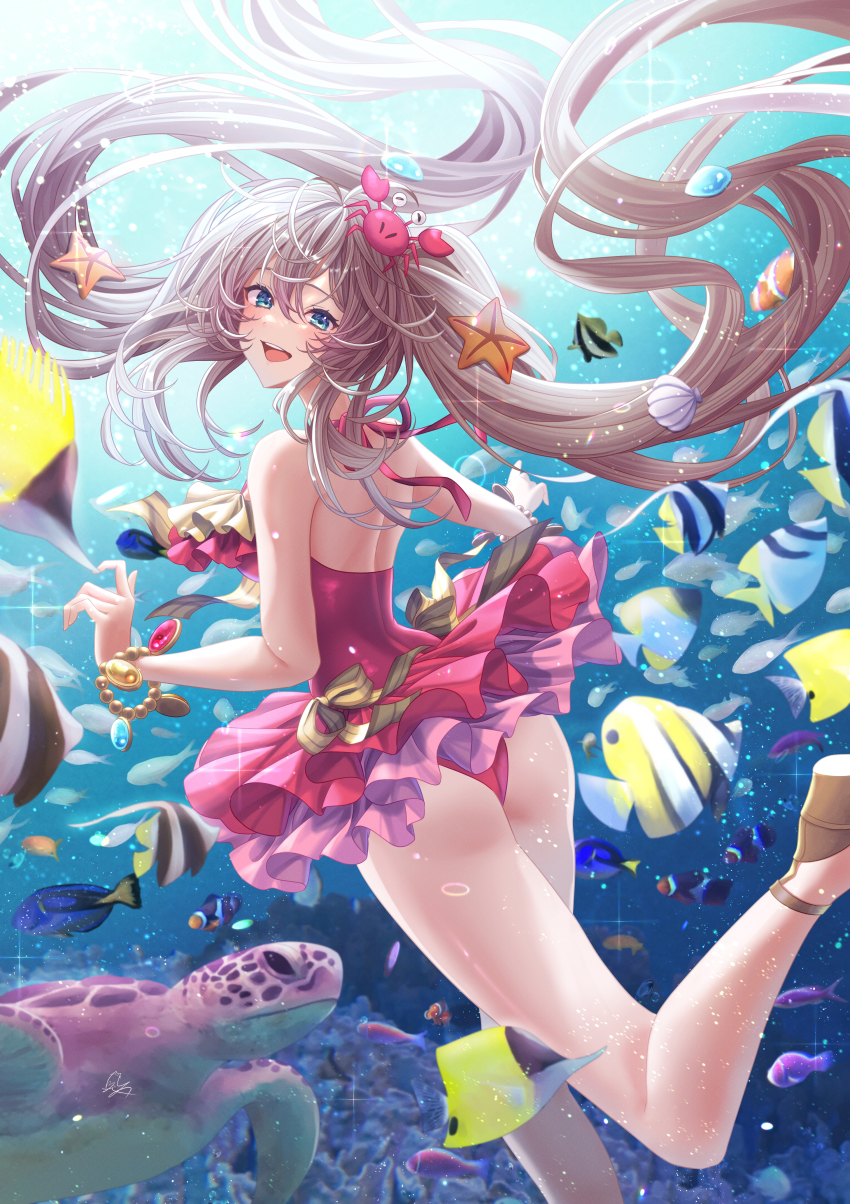 1girl absurdres ass bead_bracelet beads blue_eyes bracelet crab_on_head fate/grand_order fate_(series) fish frilled_one-piece_swimsuit frills grey_hair highres jewelry marie_antoinette_(fate) marie_antoinette_(swimsuit_caster)_(first_ascension)_(fate) moorish_idol one-piece_swimsuit open_mouth pink_one-piece_swimsuit regal_blue_tang smile starfish swimsuit totomiya tropical_fish turtle twintails underwater