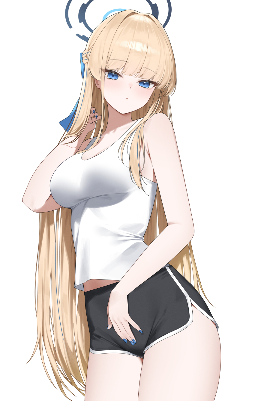 1girl absurdres alternate_costume bare_arms bare_shoulders black_shorts blonde_hair blue_archive blue_eyes blue_halo bow braid breasts closed_mouth cowboy_shot dolphin_shorts hair_bow hair_intakes halo hand_up highres long_hair looking_at_viewer medium_breasts midriff_peek n4_h4m nail_polish shirt short_shorts shorts simple_background sleeveless sleeveless_shirt solo tank_top thighs toki_(blue_archive) very_long_hair white_background white_shirt white_tank_top
