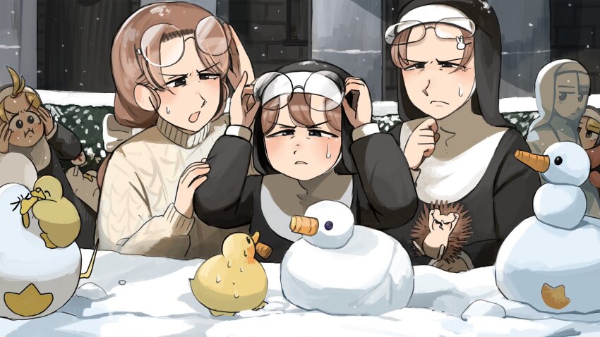 5girls bird blonde_hair blue_eyes brunette_bangs_nun_(diva) carrot chicken clumsy_nun_(diva) commentary diva_(hyxpk) duck duckling english_commentary eyewear_on_head glasses glasses_nun&#039;s_mother_(diva) glasses_nun_(diva) habit hedge hedgehog highres little_nuns_(diva) multiple_girls nun outdoors round_eyewear slice_of_life snow snow_sculpture spicy_nun_(diva) squinting sweat traditional_nun