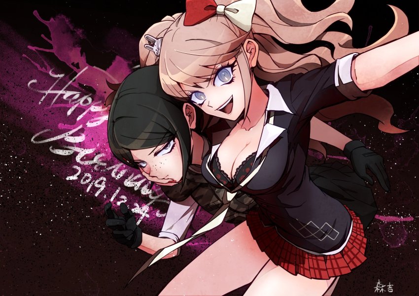 2girls animal_hair_ornament arm_around_head arm_up artist_request black_bra black_eyeliner black_gloves black_hair black_skirt blonde_hair blue_eyes bow bra bra_peek breasts camouflage camouflage_vest cleavage closed_mouth coat collarbone collared_shirt danganronpa:_trigger_happy_havoc danganronpa_(series) danganronpa_3_(anime) dated english_text enoshima_junko eyeliner gloves grey_eyes hair_bow hair_ornament hand_on_another&#039;s_face hand_on_another&#039;s_head hand_up happy_birthday head highres hug ikusaba_mukuro jacket knees_up lace lace-trimmed_bra lace_bra lace_trim large_breasts legs long_eyelashes long_hair looking_at_viewer makeup military military_coat military_jacket miniskirt multicolored_bow multiple_girls open_mouth parted_bangs plaid_clothes plaid_skirt pleated pleated_skirt print_skirt print_vest rabbit_hair_ornament red_bow red_skirt selfie shirt short_sleeves siblings signature sisters skirt source_request star_(sky) star_(symbol) starry_background teeth tongue twins twintails underwear underwear_peek upper_teeth_only vest white_bow white_shirt