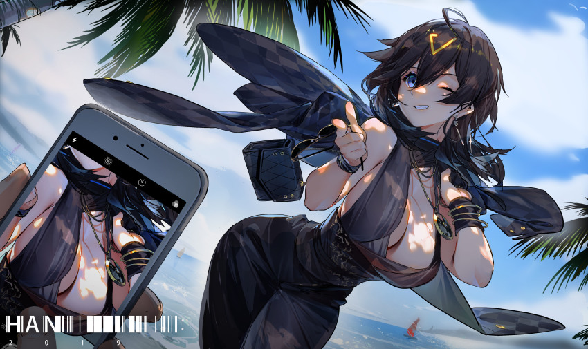 1girl ;) absurdres ahoge azur_lane bangle beach black_hair blue_eyes bracelet breasts cellphone chinese_commentary cleavage commentary_request cowboy_shot day dutch_angle earrings finger_gun fisheye georgia_(azur_lane) georgia_(south_town_pearl)_(azur_lane) grin hair_between_eyes han-0v0 highres jacket jacket_over_shoulder jewelry large_breasts long_hair necklace one_eye_closed outdoors phone pointing pointing_at_viewer smartphone smile solo_focus unworn_jacket watermark weibo_watermark wristband