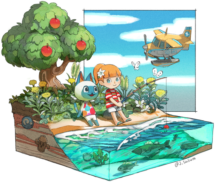 2girls aircraft airplane animal_crossing apple apple_tree aqua_eyes blunt_bangs bright_pupils bug butterfly fish fishing flower food fruit highres insect leaf mitzi_(animal_crossing) multiple_girls nintendo open_mouth orange_hair plant ponytail rock sandals sasumata_jirou shadow shirt short_sleeves shorts sitting smile striped_clothes striped_shirt tree villager_(animal_crossing) water white_butterfly white_pupils white_shorts wide_shot yellow_flower